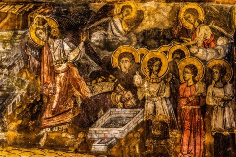 Cross-domed church of Kimissis tis Theotokou with frescoes of the Old and New Testaments