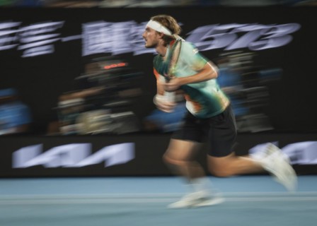 Greek tennis player Stefanos Tsitsipas walks to the front during the Australian Open 2022 tennis tournament at Melbourne Park