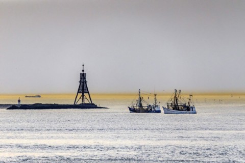 View of the North Sea at the mouth of the Elbe in the evening