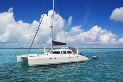 Sailing catamaran off Staniel Cay
