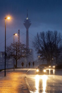 Heavy rain causes difficult road conditions in Duesseldorf on the Rhine