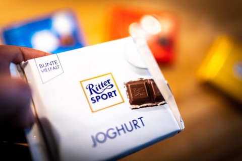 Ritter Sport chocolate packets lying on a kitchen worktop in Berlin