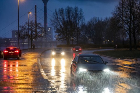 Heavy rain causes difficult road conditions in Duesseldorf on the Rhine