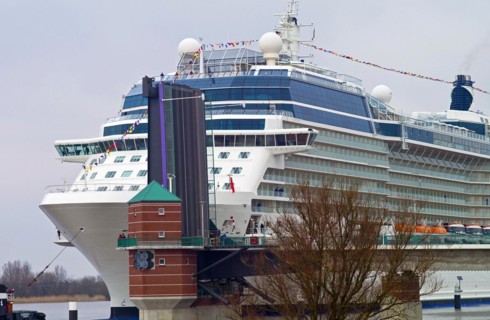 The Celebrity Eclipse passing the Jann Berghaus Bridge in Leer