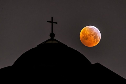 Blood moon behind the grave chapel on the Wuerttemberg
