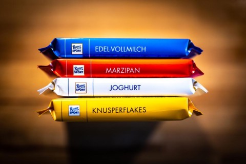 Ritter Sport chocolate packets lying on a kitchen worktop in Berlin