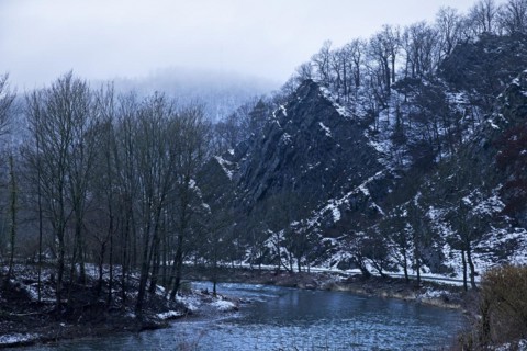 The river Lenne with the viewpoint of the Lenne loop in winter