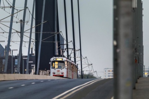 Tram crosses Oberkassel bridge