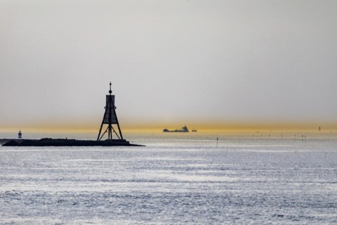 View of the North Sea at the mouth of the Elbe in the evening