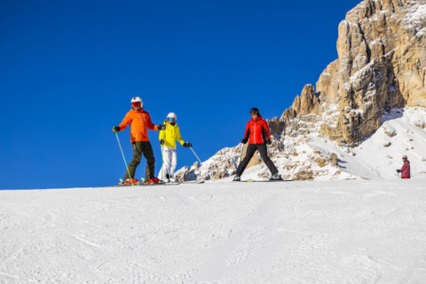 Skiers in the Val Gardena Dolomiti Superski ski area South Tyrol