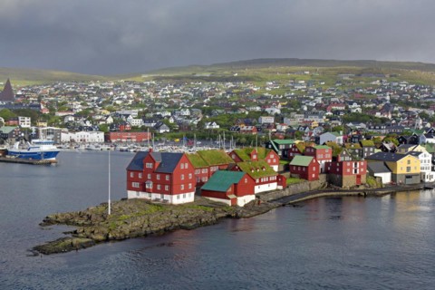 View over Tinganes showing government buildings in the the capital city Torshavn of the Faroe Islands