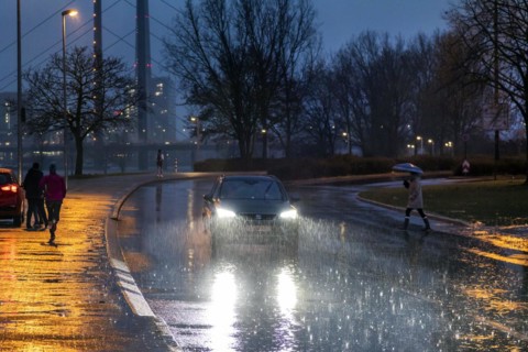 Heavy rain causes difficult road conditions in Duesseldorf on the Rhine