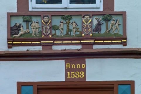 Religious relief on a half-timbered house