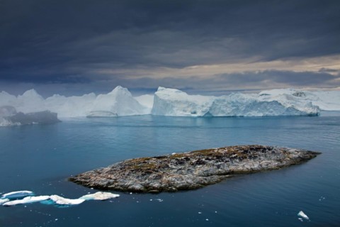 Icebergs at sunset in the Kangia icefjord