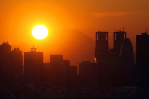Sunset over Mount Fuji and Shinjuku skyscrapers Tokyo Japan Asia