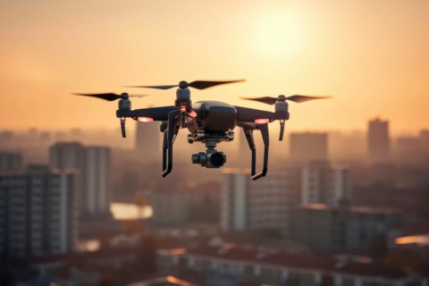 DJI drone flying over a city in evening light