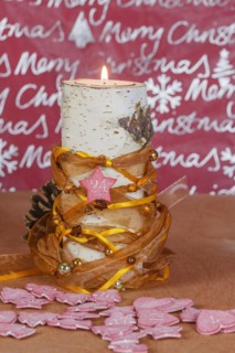 Birch Wood Candle Holder with Christmas Decoration