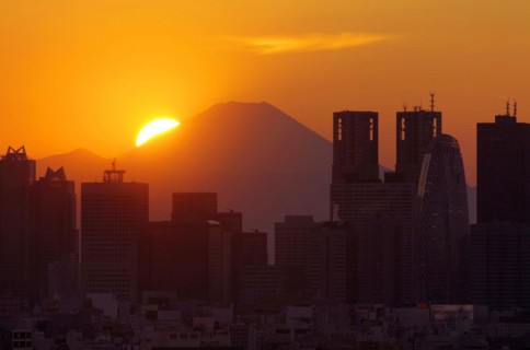 Sunset over Mount Fuji and Shinjuku skyscrapers Tokyo Japan Asia