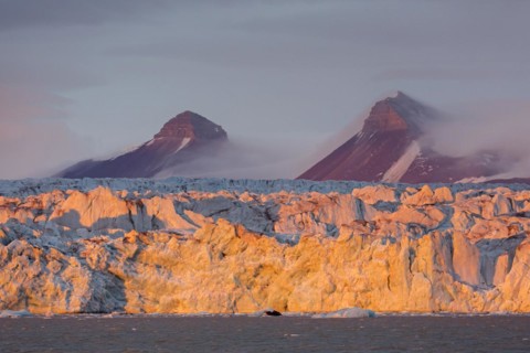 Kongsbreen glacier in evening light at sunset