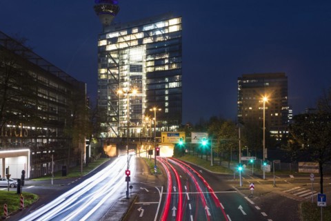 Rhine bank tunnel entrance at the city gate in Duesseldorf