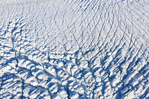 Aerial view over seracs and crevasses on Recherchebreen