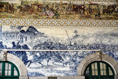 View of azulejos on walls of ornate interior of Arrivals Hall at Sao Bento Railway Station in Porto