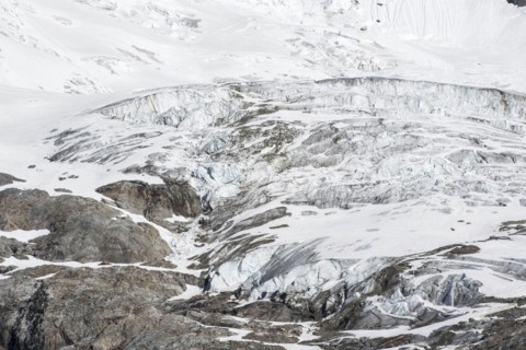 Retreating glacier on the Aiguille des Glaciers in the Mont Blanc massif in Val Veny in the Italian Alps