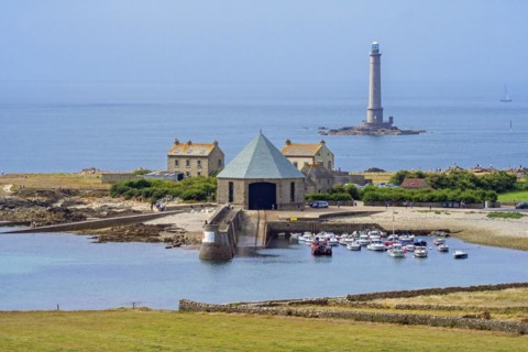 Phare de Goury lighthouse and lifeboat station in the port near Auderville at the Cap de La Hague