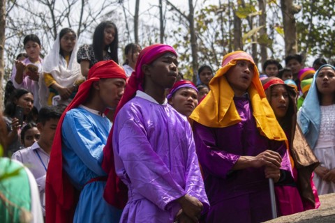 Christian devotees during the annual Good Friday procession to re-enact the crucifixion of Jesus Christ on April 7
