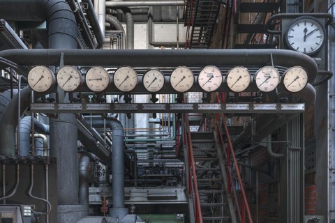 Pressure gauge in the powerhouse with boiler plant of a former paper mill