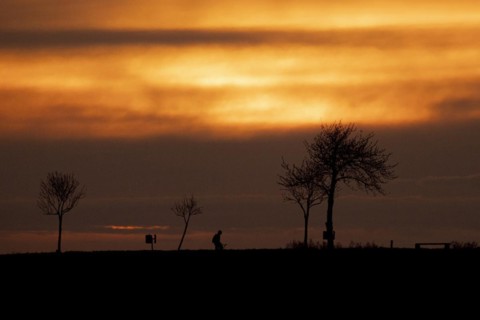 A cyclist silhouetted against the setting sun