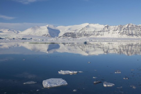 Drift ice floating in Joekulsarlon glacier lagoon in winter