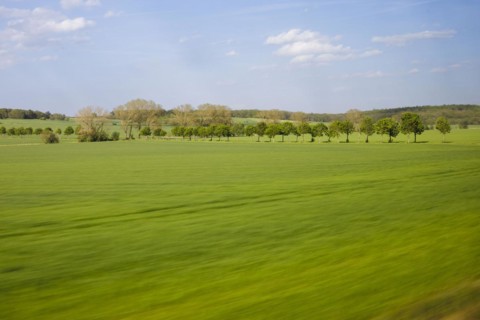 Landscape in central Germany. View from a moving train onto meadows and trees