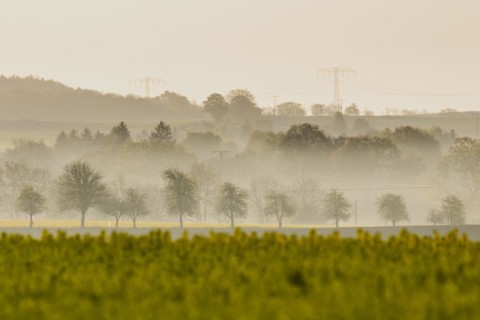 Electricity pylons looming in a landscape near Glasewitz