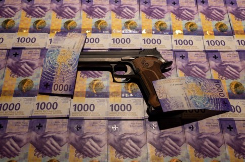 Elegant Semiautomatic 9mm Handgun with Swiss Helvetia Symbol Leaning on Swiss Franc 1000 Banknote in Switzerland