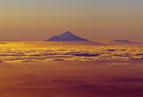 Aerial distant view of Mount Taranaki North Island New Zealand