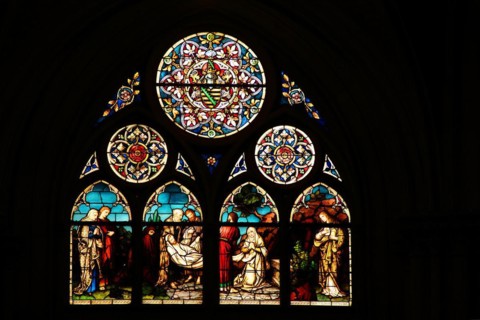 Stained Glass Window with Jesus at the Entombment with Mary and Apostles