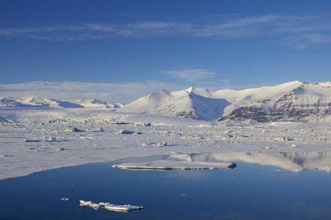 Drift ice floating in Joekulsarlon glacier lagoon in winter