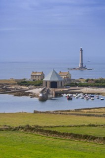 Phare de Goury lighthouse and lifeboat station in the port near Auderville at the Cap de La Hague