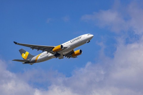 Airbus A330-200 of the airline Condor during take-off at Fraport Airport