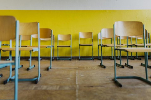 Chairs standing in a classroom of the old primary school in Trinwillershagen