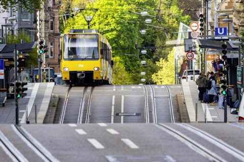 SSB light rail travels over hilly track