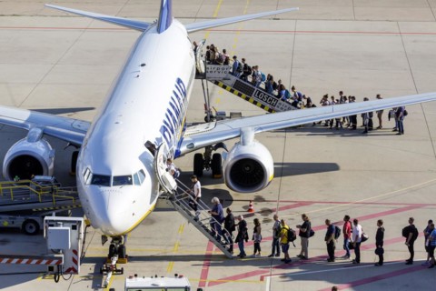 Aircraft of the low-cost airline Ryanair during check-in