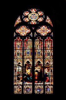 Stained glass window with John Calvin and Guillaume Farel in Geneva