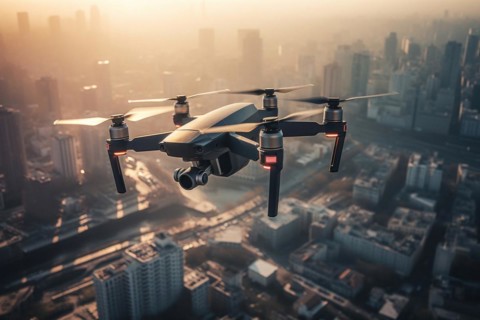 DJI drone Mavic flying over a city