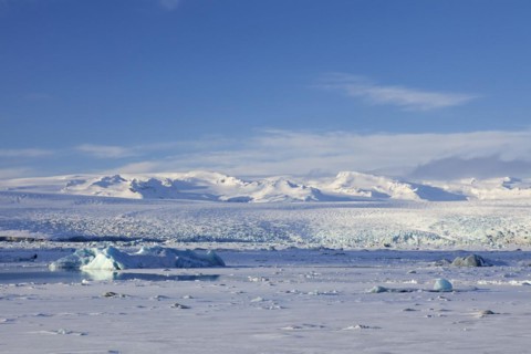 Drift ice floating in Joekulsarlon glacier lagoon in winter