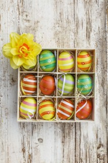 Coloured eggs in a box