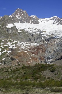 Retreating glacier on the Aiguille des Glaciers in the Mont Blanc massif in Val Veny in the Italian Alps