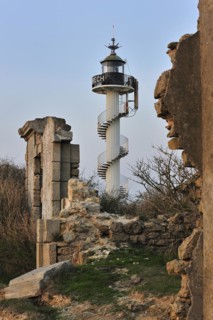 The Alprech lighthouse with spiralling exterior staircase near Le Portel