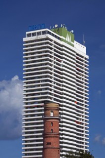 Maritim Hotel and the old lighthouse in the port of Travemuende
